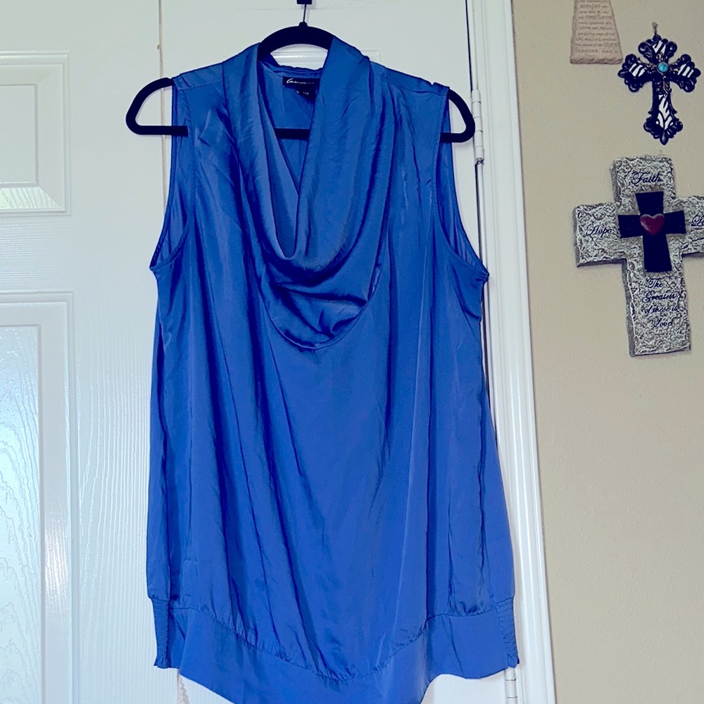 Lane Bryant Blue Asymmetrical Draped Blouse size 18/20, 100% polyester.Very nice